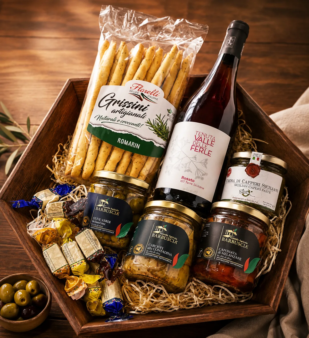 Genusskorb Aperitivo Italiano mit Wein, Grissini, Oliven und Antipasti